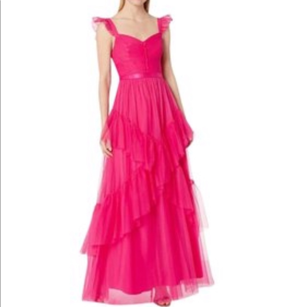 BCBG Maxazria Pink Tulle Ruffle Tiered Maxi Gown; size 12